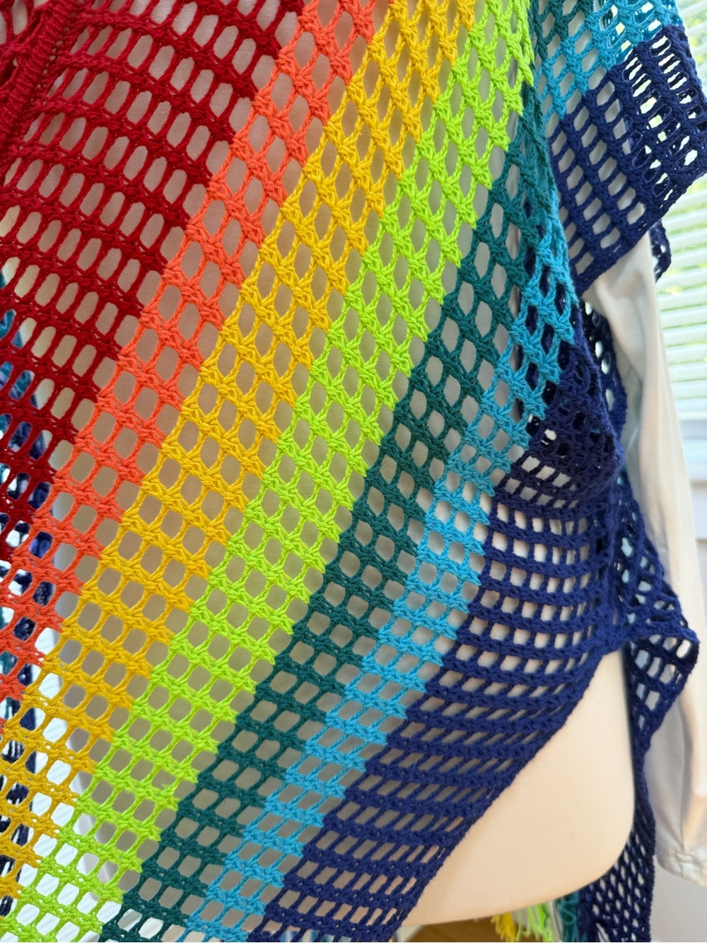 Rainbow Crochet Mesh Poncho Swimsuit Coverup with Fringe - Picture 2 of 4